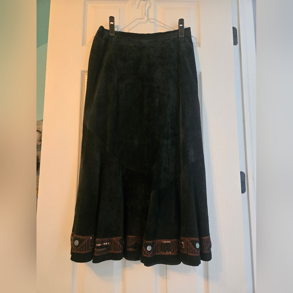 Chico's Black Suede A-Line Skirt with Flared, Embellished Hem